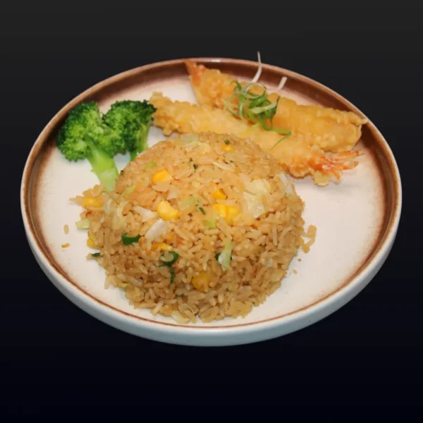 M3) Gebr. Reis mit Gemüse, Beilage Tempura Garnelen